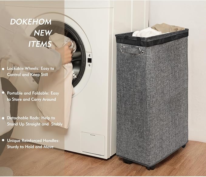DOKEHOM 25-Inches Slim Laundry Basket on Wheels, Collapsible Rolling Laundry Hamper, Foldable Narrow Corner Clothes Storage Bins (Linen Grey) - Image 2