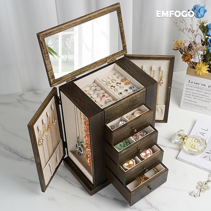 Emfogo Jewelry Box for Women, 5 Layer Large Wood Jewelry Boxes & Organizers for Necklaces Earrings Rings Bracelets, Rustic Jewelry Organizer Box with Rattan, Drawers and Mirror(Vintage) - Image 2