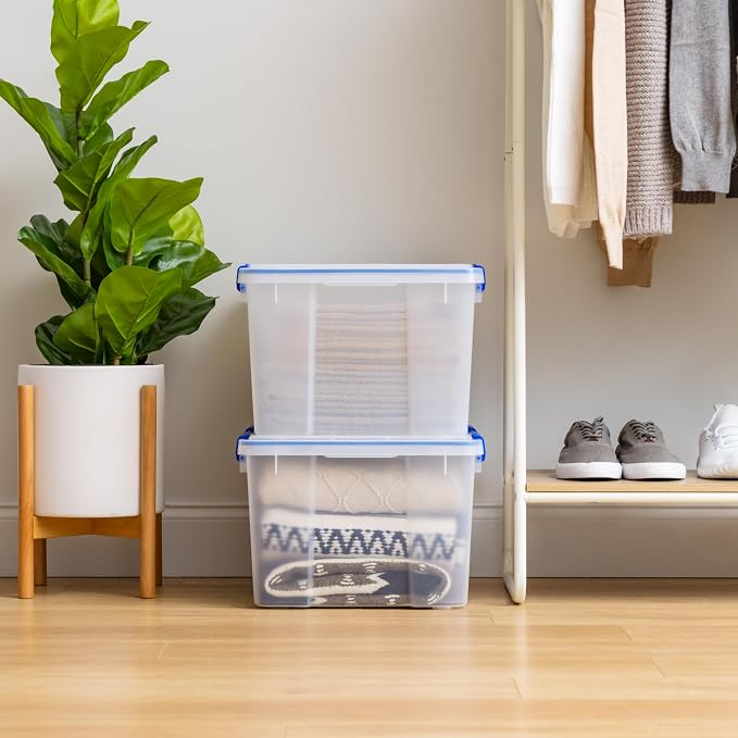 IRIS USA WeatherPro 44 Qt Storage Bins with Lids, 2 Pack, BPA-Free Plastic Gasket Box with Tight Latch and Seal, Stackable Nestable Tote Tub - Clear/Blue - Image 4