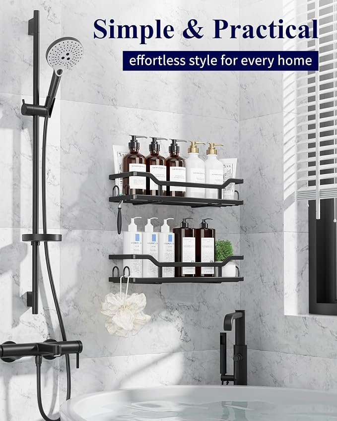 Kitsure Shower Caddy - 2 Pack, No Drilling Shower Organizer with 8 Hooks, Rustproof Stainless Steel Shower Shelf for Inside Shower, Wall Mounted Shower Rack for Bathroom, Kitchen, Black - Image 3