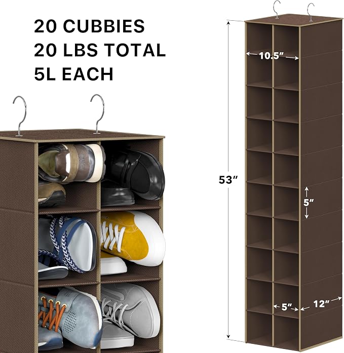 Simple Houseware 20 Section Shelves Hanging Shoes Organizer Holder for Closet, Brown - Image 3