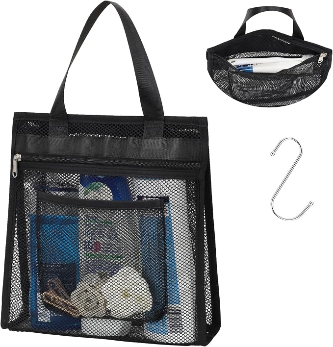 F-color Mesh Shower Caddy Portable Hanging - 3 Pockets Small Shower Bag Tote with Zipper Closure for Camping, Gym Lockers, Travel, Toiletry, Quick Dry Bathroom Essentials with S Hook, Black by F-color