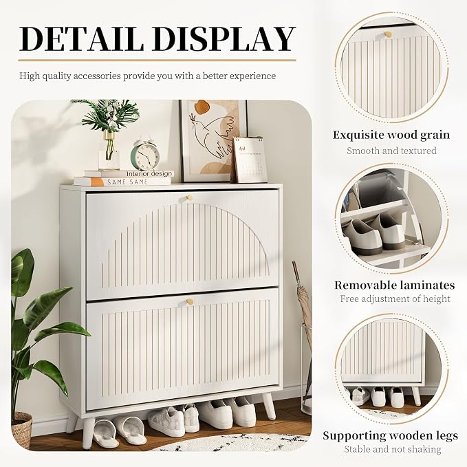 Fsbecl Shoe Storage Cabinet for Entryway with 2 Flip Drawers, Narrow Wood Shoe Cabinet with Fluted Panel, Freestanding Hidden Shoe Organizer for Foyer, Hallway (White - with Shelf) - Image 4
