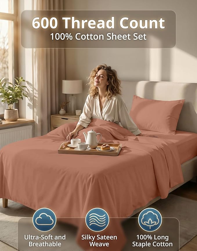 LANE LINEN 100% Cotton Sheets Set - 600 Thread Count Premium Sateen Weave for a Luxury Experience - Extra Soft & Breathable Twin XL Sheets for College Dorm - Oeko Tex Certified - Rose Dawn