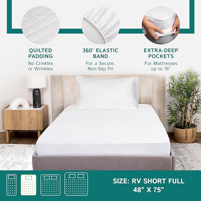 RV Full Size Waterproof Mattress Pad - Fitted Mattress Protector with Quilted Pillow Top Mattress Topper - Premium Quality Hypoallergenic Mattress Cover (48”x75”) RV Short Full