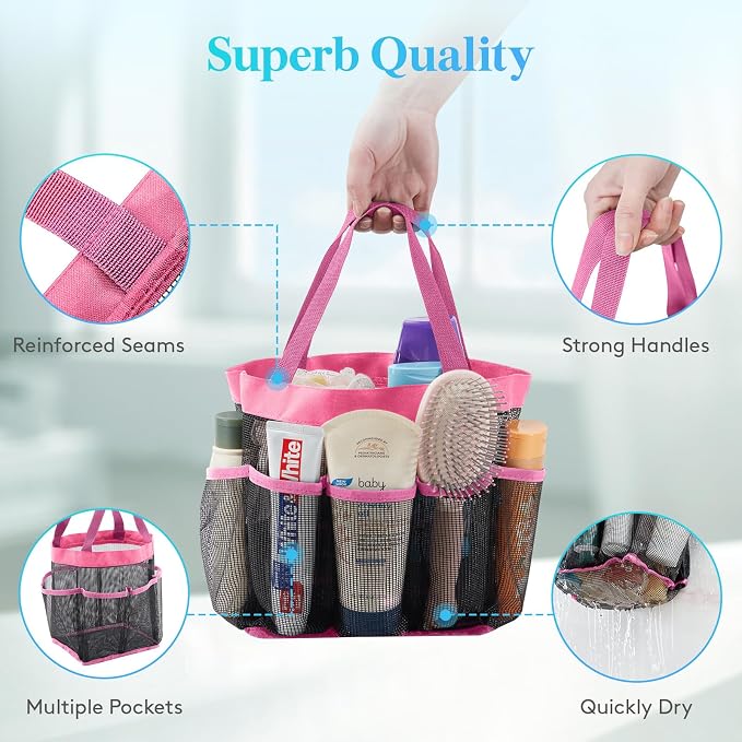 Lifewit Mesh Shower Caddy Portable for College Dorm Room Essentials with 7 Pockets, Freestanding Hanging Organizer Basket, Quick Dry Tote Bag for Camping, Bathroom, Beach, Travel, 1 Pack, Pink - Image 5