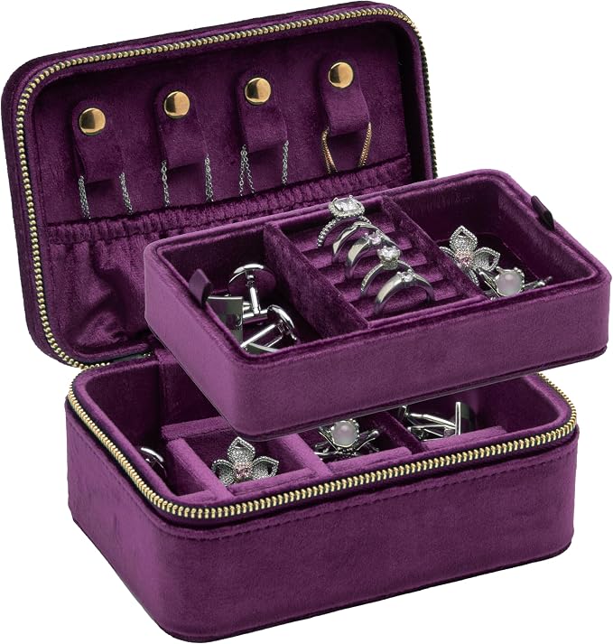 Velvet Travel Jewelry Organizer Box with Zipper Around Portable Accessory Display Tray Holder Storage Case for Multiple Earrings Rings Necklaces Bracelets (Purple) by COWFEX