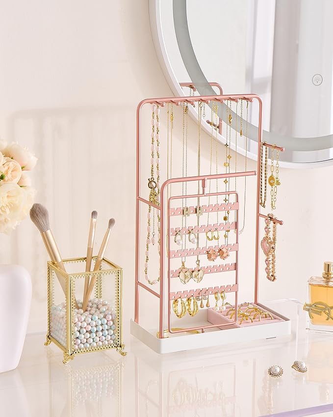 ProCase Jewelry Stand Holder Organizer, Jewelry Display Storage with Ring Tray, Rotating Earring Bracelet Necklace Holder, Valentine's Gifts Room Dorm Decor for Teen Girls -Rosegold (No-Assembly) - Image 2