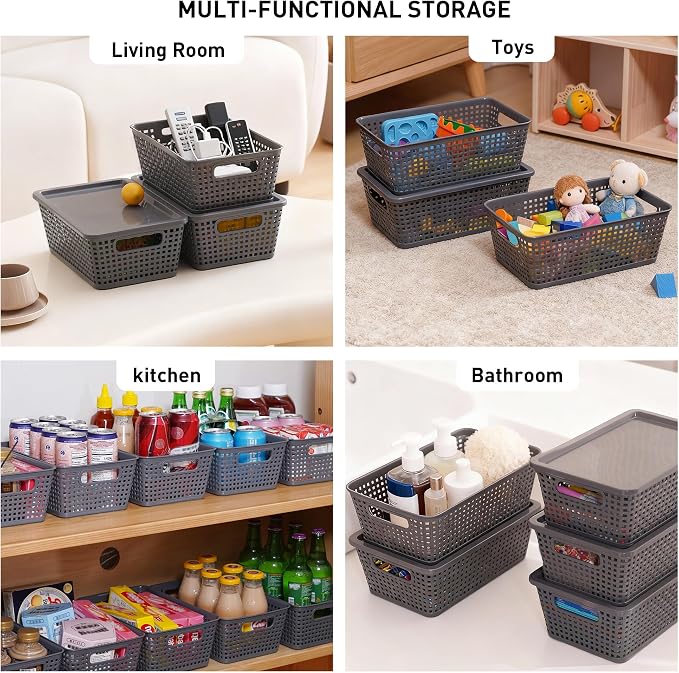 Plastic Storage Baskets With Lid, Storage Bins for Organizing, Stackable Decorative Containers for Shelves Drawers Desktop Closet Playroom Classroom Office, 6 Pack-Grey - Image 3