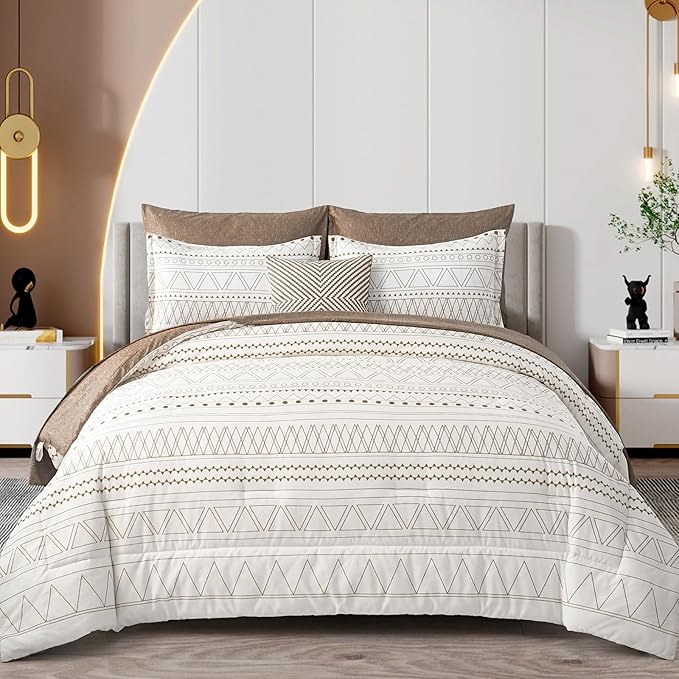 WONGS BEDDING 7 Pieces Brown Comforter Set King Size,Boho Bed in a Bag Geometric Stripe Comforter Reversible Soft Microfiber Bedding Set with Pillowcases & Shams,Flat Sheet,Fitted Sheet