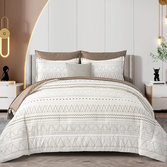 WONGS BEDDING 7 Pieces Brown Comforter Set King Size,Boho Bed in a Bag Geometric Stripe Comforter Reversible Soft Microfiber Bedding Set with Pillowcases & Shams,Flat Sheet,Fitted Sheet