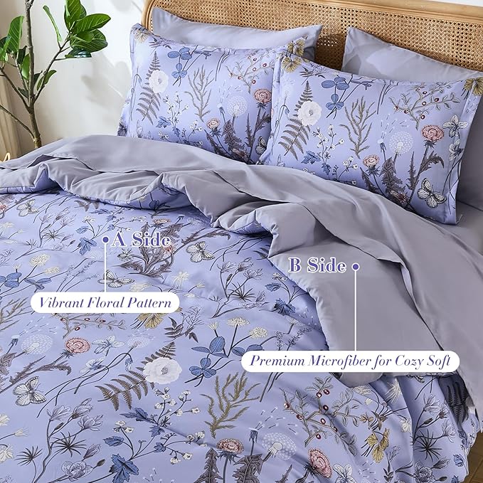 Yiran Queen Comforter Set 7 Piece, Purple Floral Bedding Set, Bed in a Bag Queen Size with Botanical Flowers Spring, Soft Lightweight Lavender Comforters with Sheets Complete for All Season