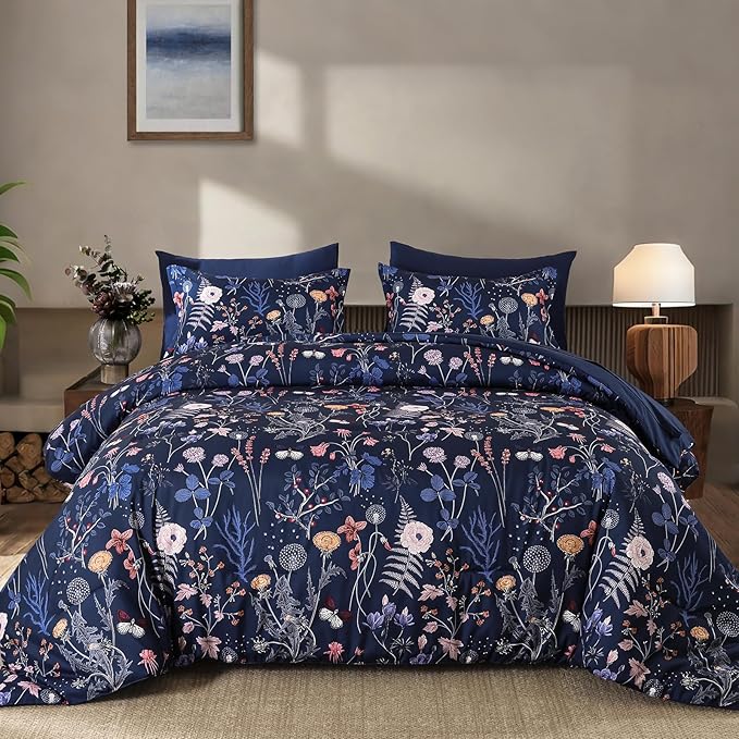 Yiran King Size Comforter Set, 7 Pieces Navy Blue Floral Soft Bedding Sets, King Bed in a Bag with Botanical Flowers Winter Comforter, Sheets, Pillowcases & Shams