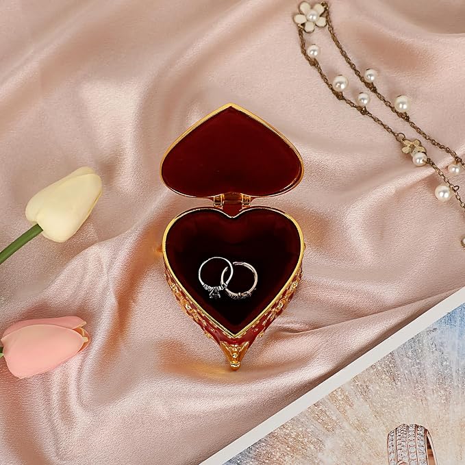 Hipiwe Heart Shape Jewelry Box Classic Metal Trinket Organizer Ring Storage Box with Rose Pattern Jewelry Storage Box for Ring Earrings Necklace, Gift for Women, Red - Image 4