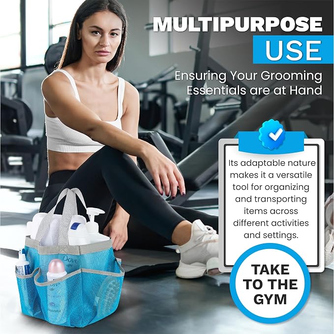 Handy Laundry Mesh Shower Caddy - 7 Pocket Portable Bathroom Organizer Tote for Travel, Gym & Dorm - Collapsible Small Shower Caddy Bag to Hold Toiletries & Essentials (Blue) - Image 6