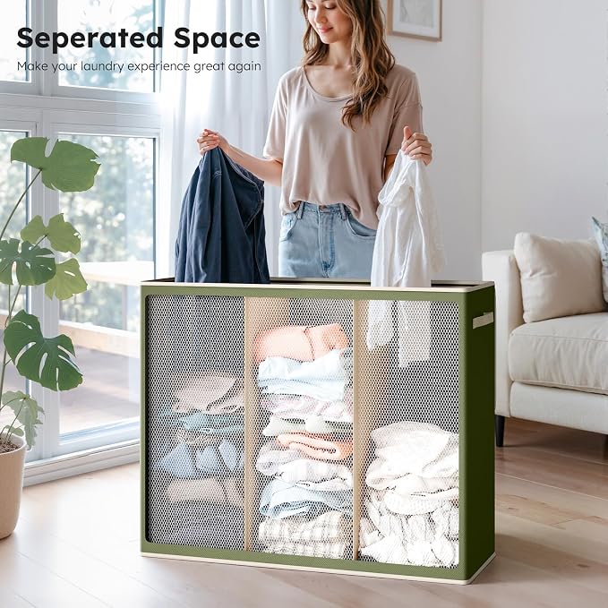 SOLEDI 180L 3-Section Laundry Hamper with Lid, Extra Large Dirty Clothes Basket with Sturdy Handles for Laundry Room & Bedroom - Durable Organizer for Sorting Laundry - Image 4
