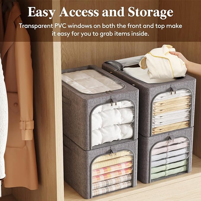 Lifewit Clothes Storage Bins with Metal Frame 4 Pack, Fabric Stackable Storage Bags with Lids, Zipper, Foldable Clost Organizers Containers for Clothing, Blanket, Winter Cloth, 40L