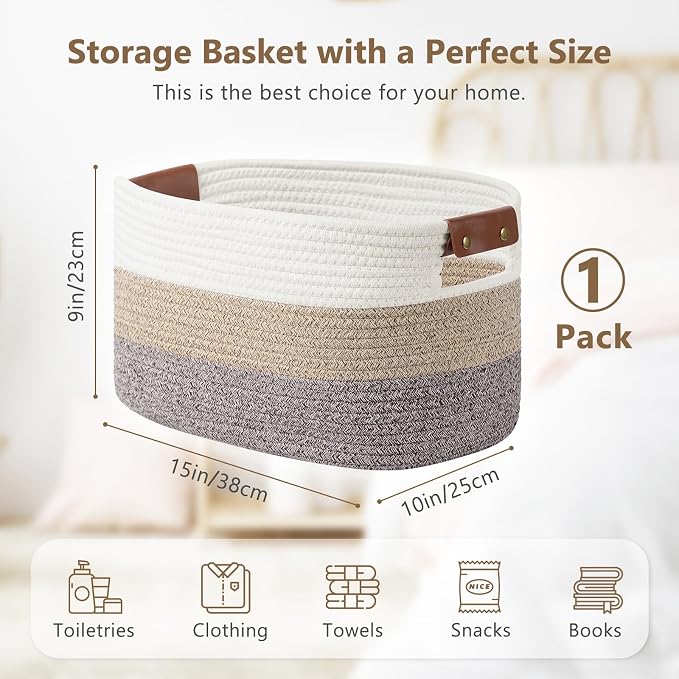 ECDYQXVU Cotton Rope Basket, Storage Baskets with Handle, 15x10x9 Inch Woven Basket for Shelves, Laundry, Towels, Clothes, Books, (Gradient Brown 1 Pack) - Image 3