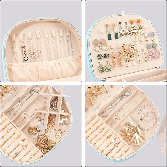 ProCase Travel Size Jewelry Box, Large Portable Seashell-Shaped Jewelry Case, 2 Layer Jewelry Organizer in PU Leather for Women -Blue - Image 3