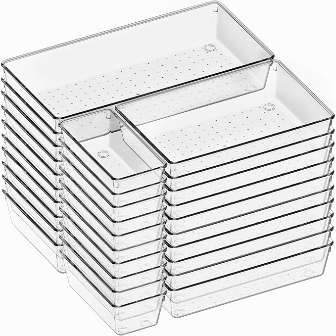 Criusia 30 Pack Large Clear Plastic Drawer Organizer Bins - Acrylic Kitchen Drawer Organization and Storage Dividers for Utensils Gadgets, Office Bathroom and Vanity Organizer for Makeup Accessoires by Criusia