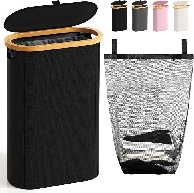 Slim Laundry Hamper with Lid, 60L Small Laundry Basket with Handles&Removable Bag, Thin Dirty Clothes Hampers for Laundry, Narrow Laundry Hampers for Bedroom Aesthetic, Black by Bathola