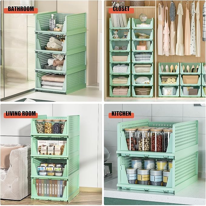 Closet Organizer, 4 Pack Stackable Storage Bins for Closet Shelves, Plastic Storage Drawers Basket Weekly Clothes Organizer for Kids(4L)（Green） - Image 7