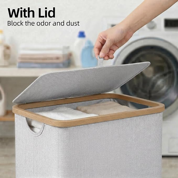 efluky Slim Laundry Basket with Lid, Narrow Laundry Hamper with Removable Bag, Skinny Dirty Clothes Basket with Bamboo Handles for Bathroom, Bedroom & Laundry Room, 75L Light Grey - Image 4