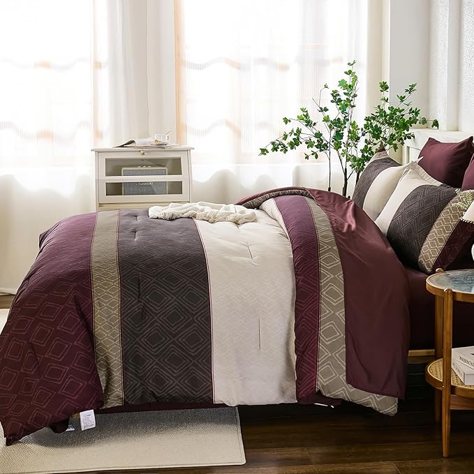 Dinjoy Boho Queen Comforter Set Burgundy,7 Piece Bed in a Bag Queen Size Warm Striped Dark Red Bedding Sets Plaid Fall Comforters Set with Sheets for Family All Season