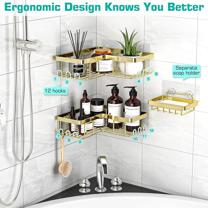 YASONIC Corner Shower Caddy, 3-Pack Adhesive Bathroom Caddy with Soap Holder and 12 Hooks, Rustproof Stainless Steel Shower Organizer, No Drilling Wall Mounted Shower Rack, for Bathroom, Gold - Image 4