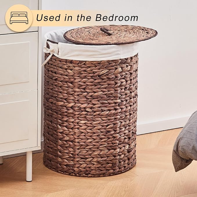 Round Water Hyacinth Laundry Hamper with Lid Handwoven Wicker Basket with Handles for Dirty Clothes, Storage, and Organization Ideal for Bedroom, Bathroom, and Laundry Room, No Assembly Required, 2Pcs - Image 5
