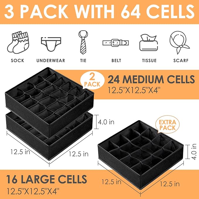 Criusia 3 Pack Sock Underwear Organizer Dividers, 64 Cell Fabric Foldable Cabinet Closet Organizers and Storage Boxes for Storing Socks, Underwear, Ties (16+24+24 Cell, Black) - Image 2