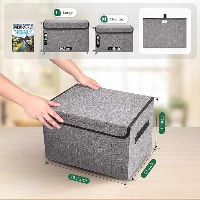 Bagnizer Large 42 Quarts Fabric Storage Bins with Lids [2-Pack] Linen Collapsible Foldable Storage Cubes, Closet Organizer Containers boxes with Handles for Home Office (16.7 x 12 x 12, Gray) - Image 2