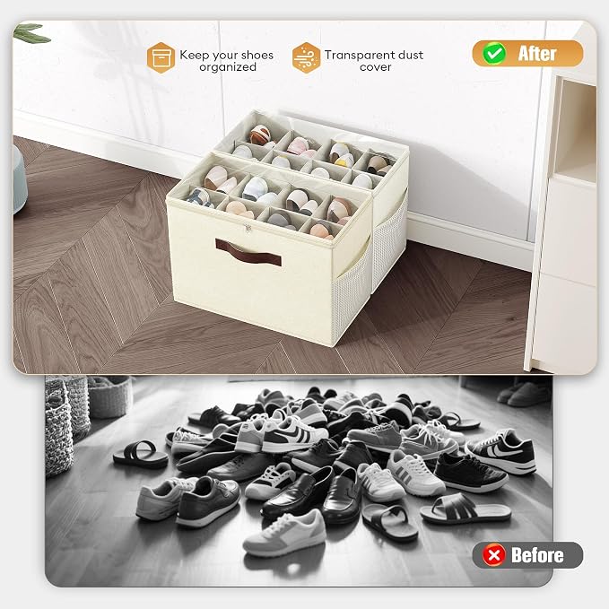 Budding Joy 2 Pack Shoe Organizer for Closet, Clear Foldable Shoe Storage Containers Adjustable Dividers Fits 16 Pairs,Shoe Storage Bins Baskets Boxes with Reinforced Handles Beige Yellow Beige - Image 3