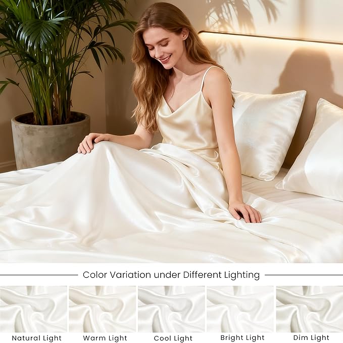 Love's cabin Twin Silky Soft Satin Bed Sheet Set - 3 Piece, Ivory, Luxury Fitted & Flat Sheets, Deep Pockets, Envelope Closure, 1800 Thread Count, Cooling, Breathable, Hypoallergenic