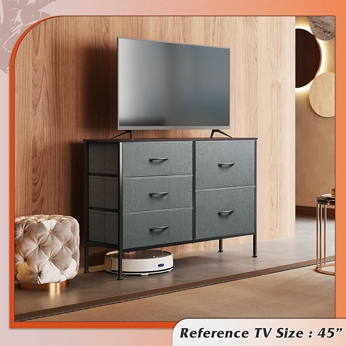 WLIVE Dresser for Bedroom with 5 Drawers, Wide Storage Dresser with Drawer Organizers, Chest of Drawers, Fabric Dressers for Living Room, Closet, Hallway, Dark Grey