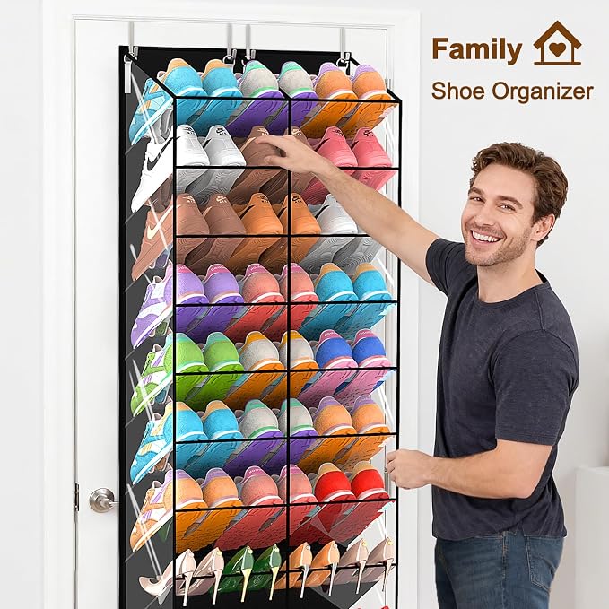 20-30 Pairs Over the Door Shoe Organizer, Transparent PVC Hanging Shoe Rack for Closet, 10-Tier Door Shoes Storage, Crystal-Clear Visibility Fit All the Family's Sneakers, Boots, Heels, Black Frame - Image 4