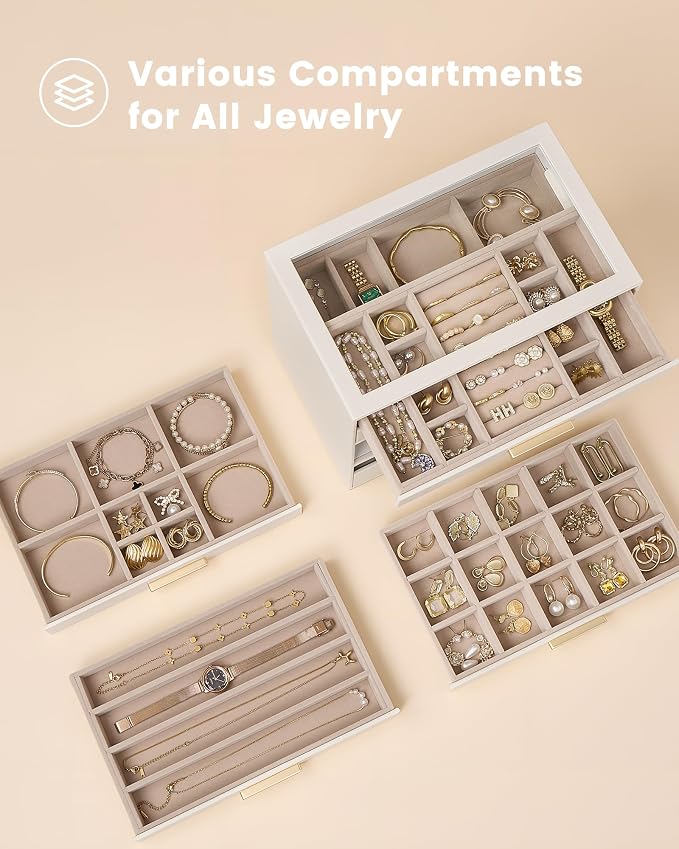 Lolalet Jewelry Box Organizer, 6-Layer Jewelry Organizers and Storage Case with Glass Lid, Ring Earring Bracelet Necklace Holder Organizer, Birthday Valentine Gifts for Women Girls -6Layer, Beige - Image 3