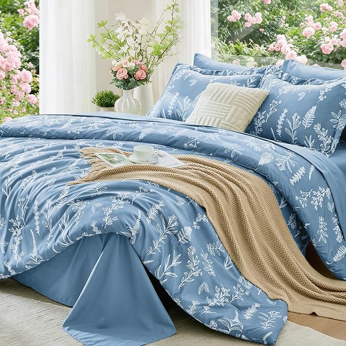MUXHOMO Ice Blue Bed in a Bag King 7 Pieces, King Comforter Set Reversible Botanical Flowers Design, Ultra Soft & Breathable Bedding Sets with Comforter, Sheets, Pillowcases & Shams