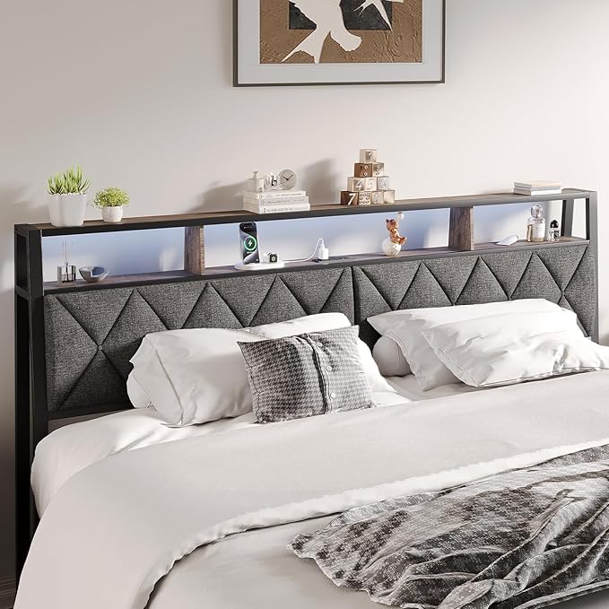 King Headboard Only, Headboard for King Size Bed with Storage, Upholstered Headboards with LED Lights & Charging Station, Attach Frame, Ideal for Bedroom/Dorm/Guest Room, Dark Grey & Brown