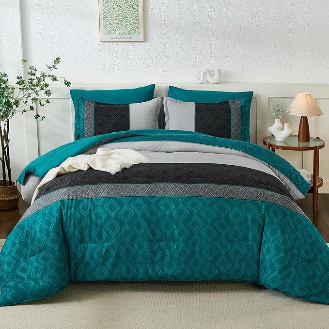 Dinjoy Boho Queen Comforter Set Teal Blue,7 Piece Bed in a Bag Queen Size Warm Striped Bedding Sets Dark Teal Plaid Fall Comforters Set with Sheets for Family All Season