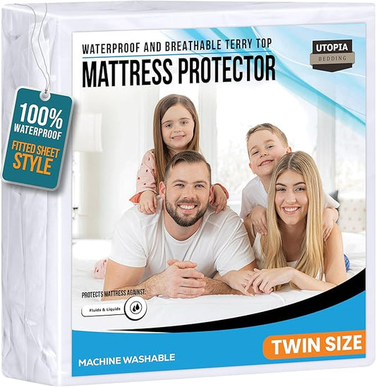Twin Size Mattress Protector Waterproof, Premium 200 GSM Terry Mattress Cover, Soft & Breathable Bed Cover, Fitted Sheet Style Stretchable Deep Pockets 15" by Utopia Bedding (White)