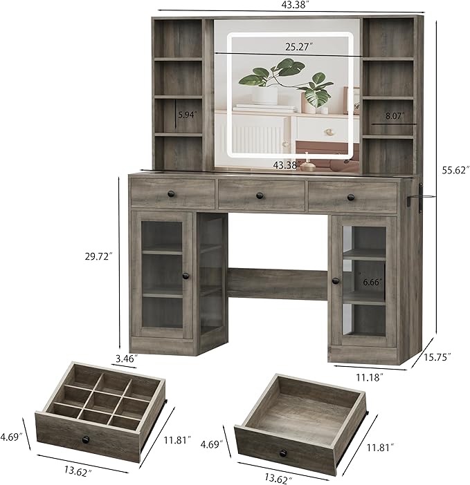 Grey Vanity Desk with Mirror and Lights, Glass Top Vanity with Lighted Mirror & RGB Cabinet and 3 Drawers, Dressing Table with 8 Shelves, Makeup Desk with Lights for Girls Bedroom, 3 Color Modes