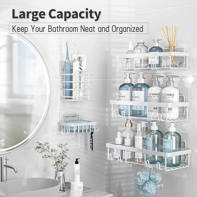 Liuoud 10 Pack Shower Caddy Organizer Rack Shelf for Inside Shower, Self Adhesive Wall Storage Basket Rustproof Stainless Steel Shampoo Holder Bathroom Accessory Decor Set, White - Image 3