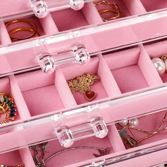Frebeauty Acrylic Jewelry Organizer Earring Organizer Box with 5 Drawers Earring Holder Organizer with Velvet Trays Clear Jewelry Box for Women Earring Display for Rings StudsPink - Image 4
