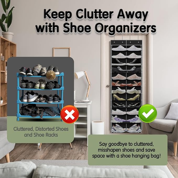 Kotkn Over The Door Shoe Organizer with 12 Large Breathable Pockets - Durable Hanging Storage for the Entire Family's Shoes (Black) - Image 6