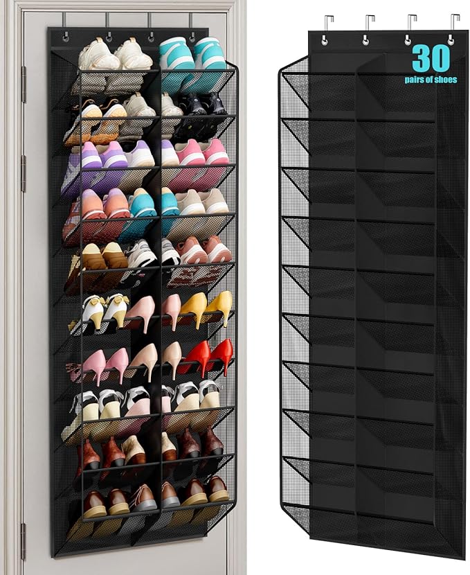 MISSLO 30 Pairs Over the Door Shoe Organizer Breathable Mesh Hanging Shoe Rack for Closet Storage with Wide Deep Pockets 10 Tier Shoes Holder Fit All the Family's Sneakers, Boots, Heels (Black, 71") by MISSLO