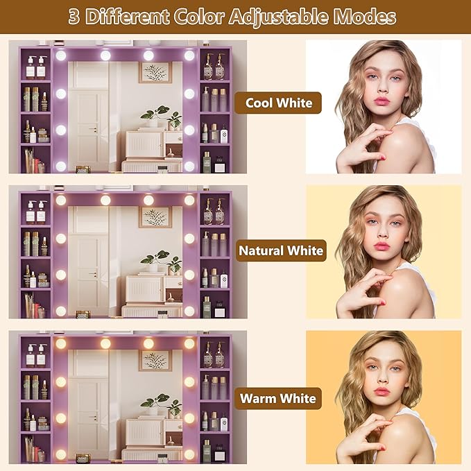 HUANLEGO Purple Vanity Desk with Mirror and Lights, Glass Top Vanity with Lighted Mirror & RGB Glass Cabinet and 3 Drawers, Makeup Desk with Lights Dressing Table for Bedroom, 3 Color Modes