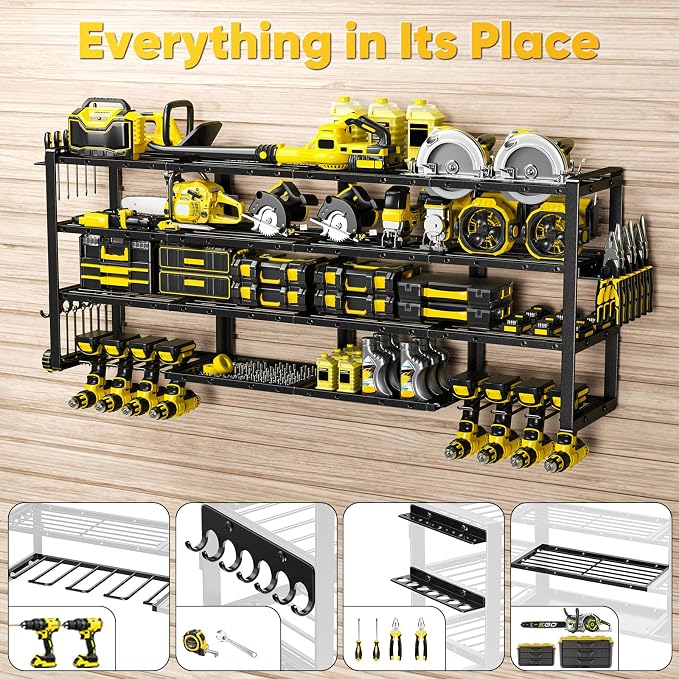POKIPO Extra Large 64" W Power Tool Organizer Wall Mount, 1000 lbs Load Capacity, Heavy Duty 4 Tier Garage Storage Rack with 8 Drill Holders, 2 in 1 Corner or Straight Installation - Image 3