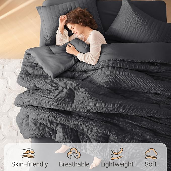 MUXHOMO 5 Pieces Twin XL Comforter Set, Seersucker Bed in a Bag Twin XL Size, All Season Luxury Bedding Set with Comforter, Flat Sheet, Fitted Sheet, Pillowcase & Sham, Dark Grey