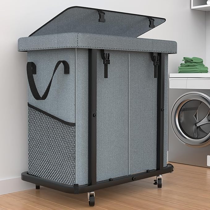 50 Gal(190L) High Grade Large Laundry Basket with Wheels, Rolling Laundry Hamper, Laundry Cart with Metal Frame and Removable Bag Design, Suitable for Laundry Room, Bedroom (Grey, 2 Section 190L) by Unlockyourhomestoragelife